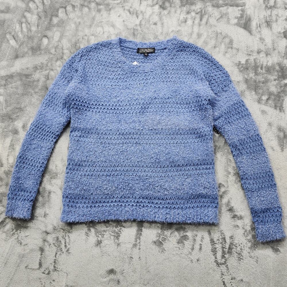NEW Almost Famous Sweater Womens M Dutch Blue Textured Shaggy Striped Pullover